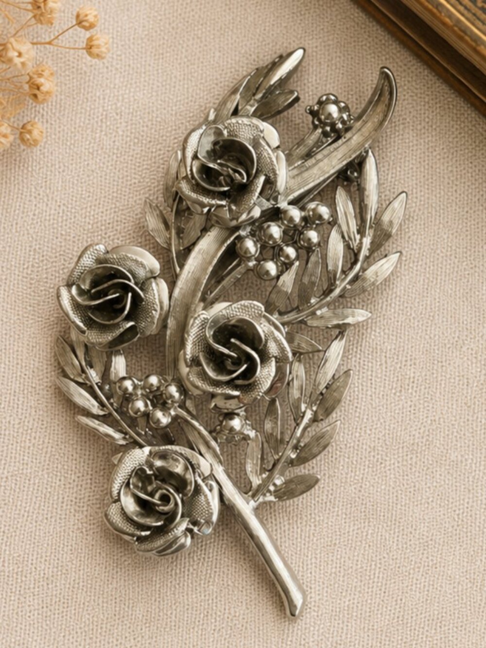 Vintage Unsigned Coro Silver Tone Rose Spray Brooch | Floral Pin